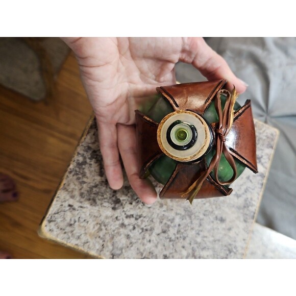 Vintage Embossed Leather Wrapped over Green Glass Decanter With Cork Stopper - Picture 8 of 11